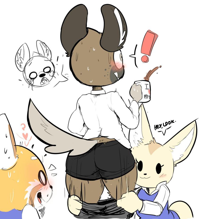 ! &lt;3 ? aggressive_retsuko anthro assisted_exposure big_butt big_ears blush bottomless boxer_briefs butt canine clothed clothing elchilenito embarrassed female fennec fenneko fox haida hyena male male_focus mammal pantsing red_panda retsuko speech_bubble surprise thick_thighs underwear