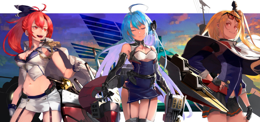 absurdres ahoge aiguillette armpits azur_lane bangs bare_shoulders black_gloves blonde_hair blue_hair breasts cannon capelet cleavage cleveland_(azur_lane) collarbone commentary_request cowboy_shot deal_with_it dress elbow_gloves expressionless eyebrows_visible_through_hair eyewear_on_head fingerless_gloves garter_straps gloves hair_between_eyes hair_ornament half-closed_eyes hat helena_(azur_lane) highres kumonji_aruto large_breasts letterboxed long_hair looking_at_viewer machinery medium_breasts midriff miniskirt multiple_girls navel one_side_up open_mouth parted_bangs parted_lips pleated_skirt ponytail purple_eyes red_eyes red_hair rigging shirt sidelocks skirt small_breasts smile stomach sunglasses thighhighs thighs turret very_long_hair white_gloves wichita_(azur_lane)