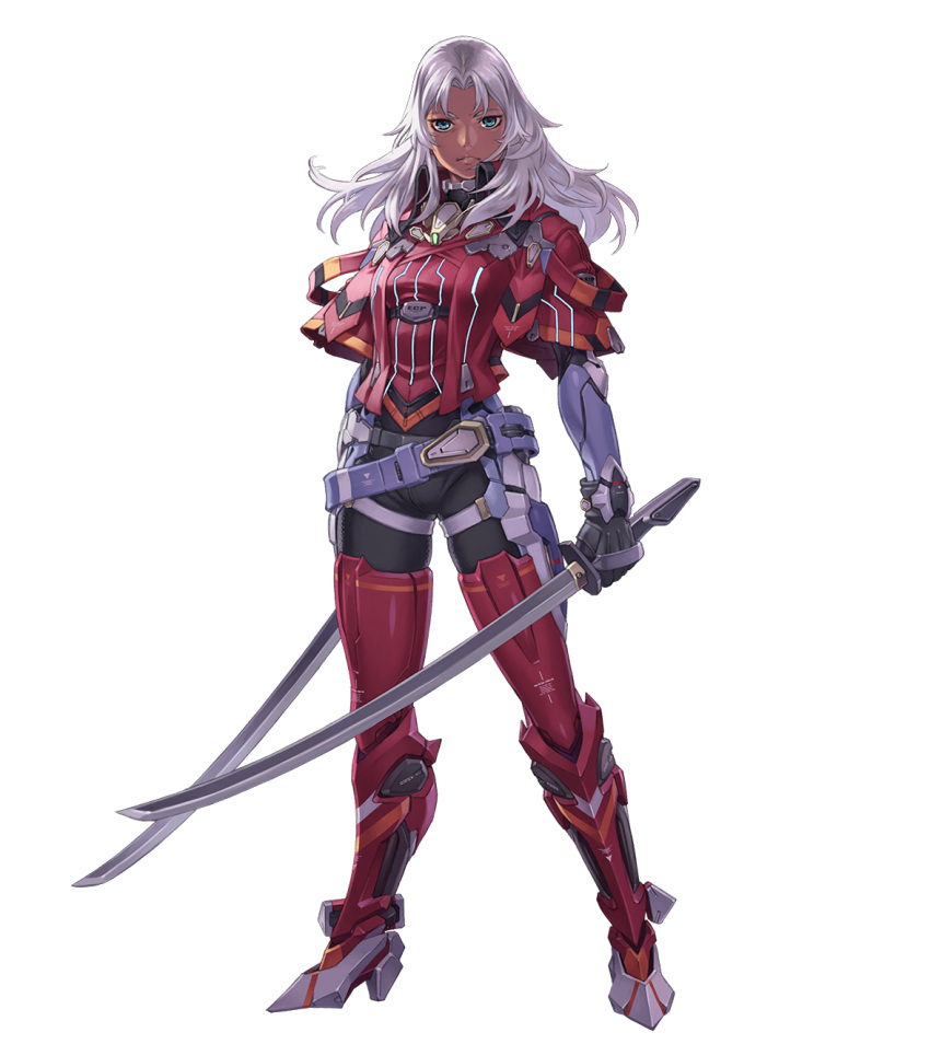 1girl armor belt blue_eyes boots dark_skin dual_wielding elma_(xenoblade_x) female gloves high_heels holding katana long_hair looking_at_viewer nintendo official_art solo sword tanaka_kunihiko thigh_boots thighhighs weapon white_hair xenoblade_(series) xenoblade_2 xenoblade_chronicles_x