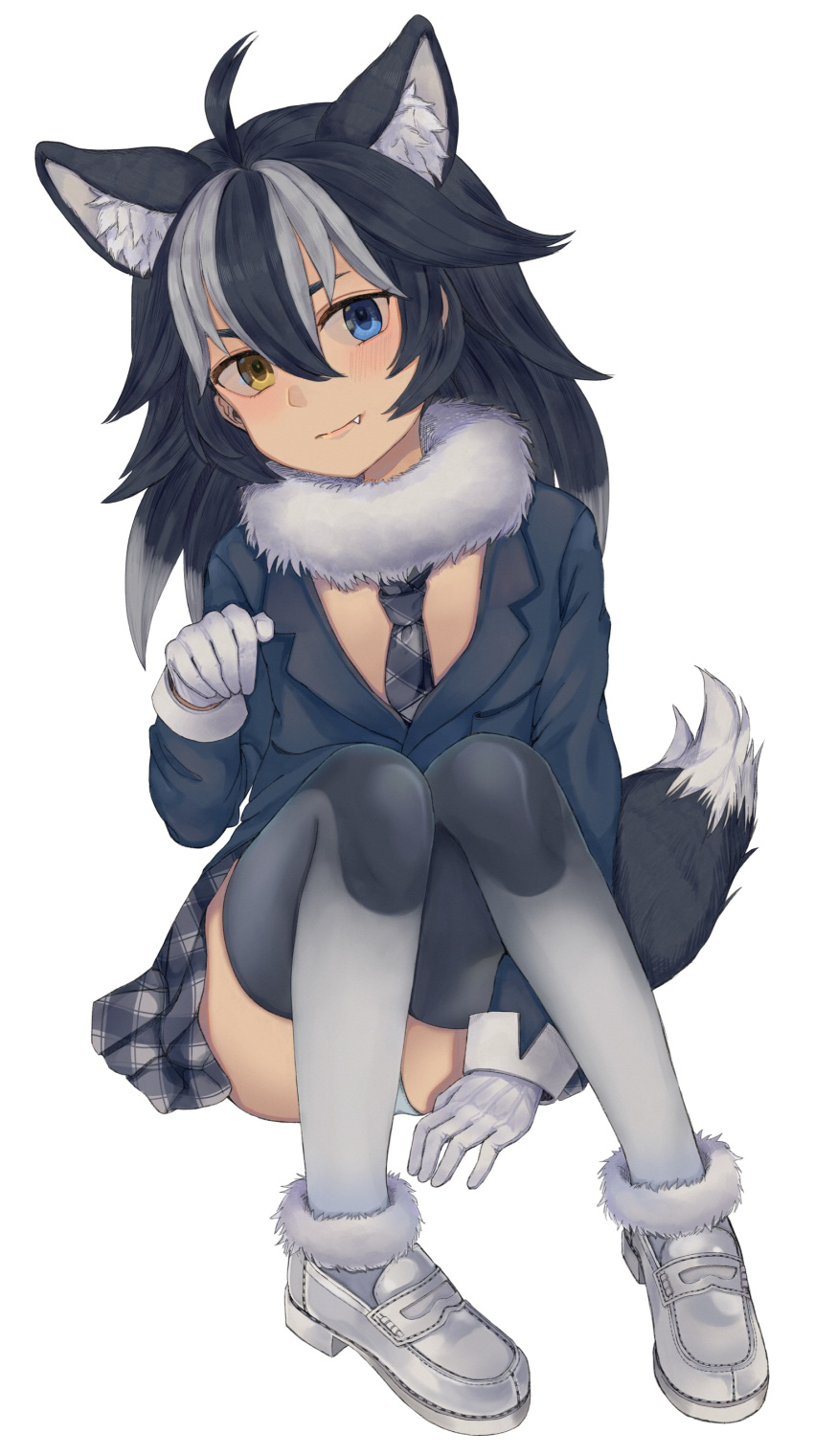 absurdres ahoge ancolatte_(onikuanco) animal_ears black_hair blue_eyes commentary extra_ears fang fang_out full_body fur_collar fur_trim gloves grey_legwear grey_wolf_(kemono_friends) hair_between_eyes head_tilt heterochromia highres kemono_friends light_smile long_hair long_sleeves looking_at_viewer multicolored multicolored_clothes multicolored_hair multicolored_legwear necktie panties pantyshot plaid plaid_neckwear plaid_skirt shoes simple_background skirt solo streaked_hair symbol_commentary tail thighhighs two-tone_hair underwear white_background white_gloves white_hair white_panties wolf_ears wolf_tail yellow_eyes