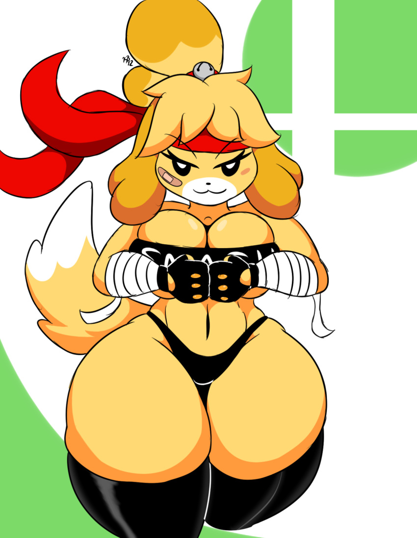 2018 animal_crossing anthro band-aid bandage big_breasts blush breasts canine clothed clothing deep_navel digital_media_(artwork) dog female hair half-closed_eyes hi_res isabelle_(animal_crossing) kirbot12 legwear looking_at_viewer mammal navel nintendo one_leg_raised shih_tzu smile standing thick_thighs thigh_highs video_games voluptuous wide_hips