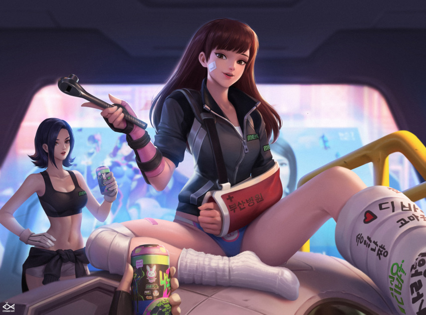animal_print arm_sling bandage_on_face black_hair breasts brown_eyes brown_hair bunny_print can citemer cleavage clothes_around_waist d.mon_(overwatch) d.va_(overwatch) gloves hand_on_hip highres injury korean leg_cast mecha medium_breasts meka_(overwatch) midriff multiple_girls navel overwatch panties pov ratchet_wrench shooting_star_d.va socks soda_can soft_drink sports_bra sweater_around_waist toned underwear white_gloves wrench