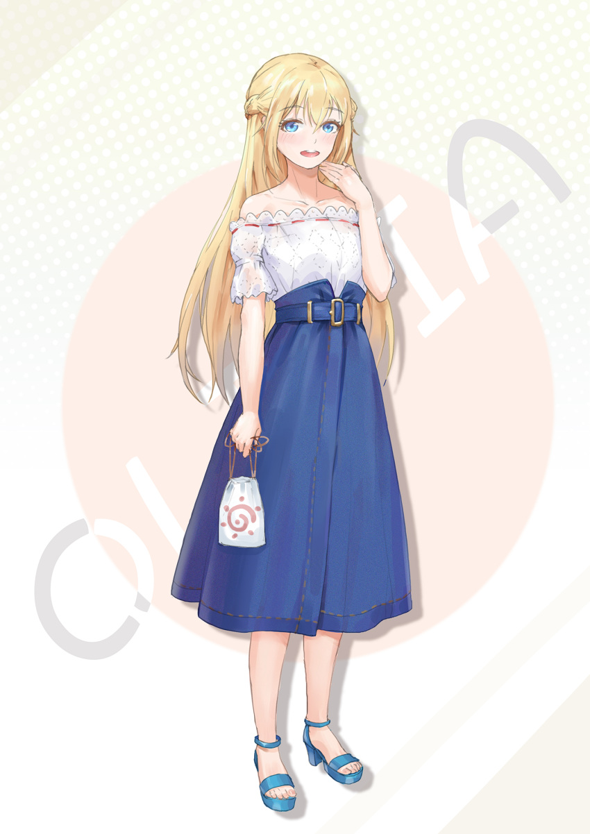 asobi_asobase bag bangs bare_shoulders belt blonde_hair blue_belt blue_eyes blue_footwear blue_skirt blush collarbone eyebrows_visible_through_hair hair_between_eyes half_updo handbag highres k.l_(kuilei_c) long_hair long_skirt looking_at_viewer mechanical_pencil off-shoulder_shirt olivia_(asobi_asobase) open_mouth pencil sandals shirt short_sleeves skirt smile solo very_long_hair white_shirt