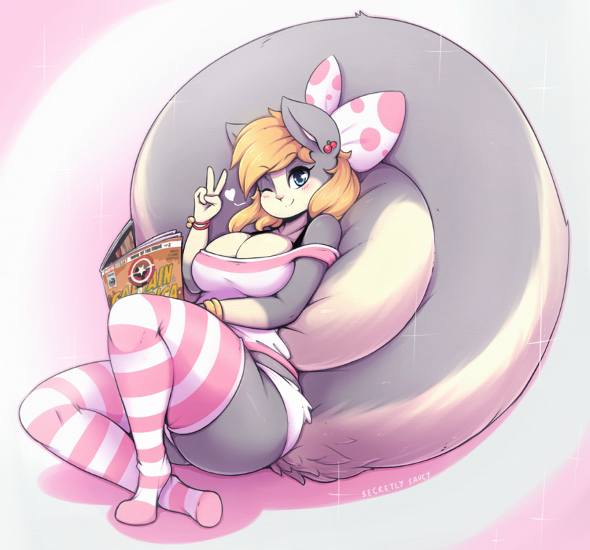 anthro blush breasts cleavage clothed clothing female legwear mammal one_eye_closed rodent secretly_saucy squirrel stockings tail_pillow wink