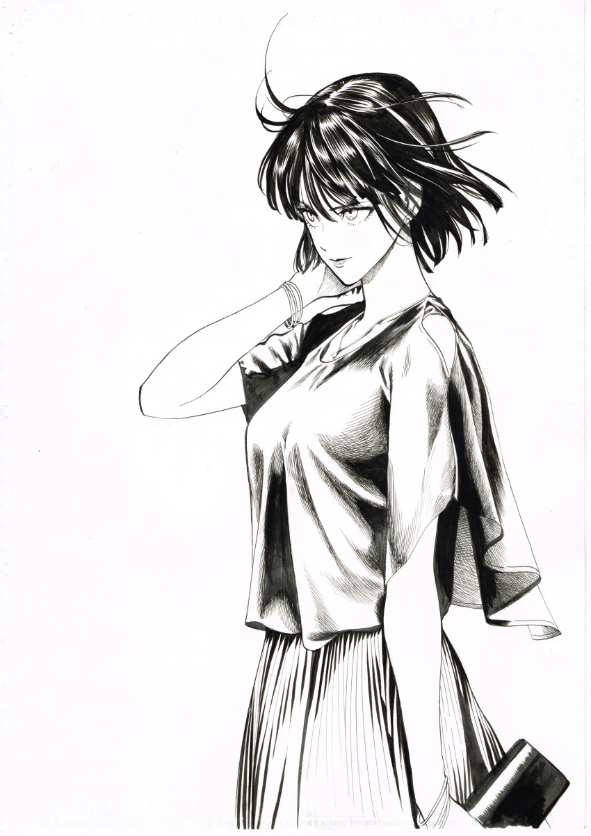 absurdres bracelet breasts commentary_request cowboy_shot earrings from_side fubuki_(one-punch_man) greyscale highres jewelry medium_breasts monochrome murata_yuusuke one-punch_man pleated_skirt shirt skirt smile solo stud_earrings traditional_media wallet white_background wide_sleeves