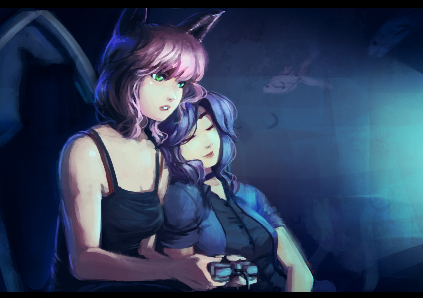 abigail_(stardew_valley) black_choker black_shirt blue_shirt breasts camisole choker cleavage closed_eyes closed_mouth commentary dark_room fish green_eyes holding_controller long_hair medium_breasts original parted_lips purple_hair quizzicalkisses shirt short_hair sleeping sleeping_on_person sleeping_upright solo stardew_valley