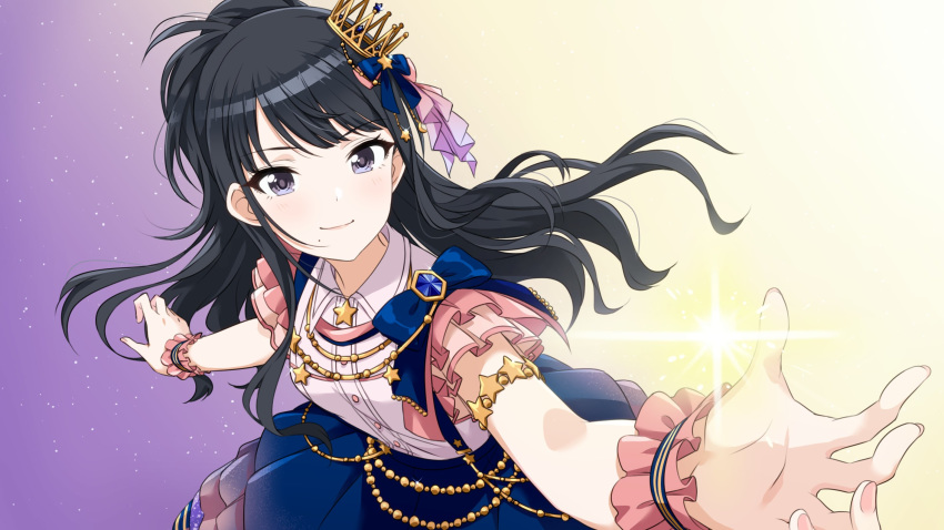 black_eyes black_hair commentary costume crown highres idolmaster idolmaster_shiny_colors kazano_hiori long_hair looking_at_viewer mini_crown mole mole_under_mouth nagami_tami ponytail short_sleeves simple_background solo star wristband