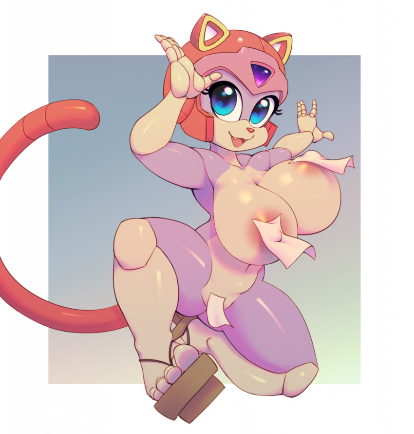 anthro areola armor big_breasts blue_eyes breasts cat clothing fangs feline female footwear geta helmet japanese_clothing mammal mostly_nude navel nipple_bulge nipple_tape nitro pasties polly_esther pose pussy_tape samurai_pizza_cats smile solo tape