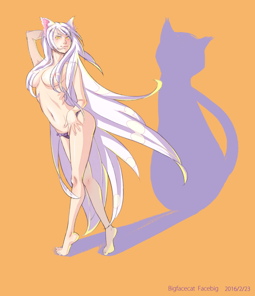 :3 absurdly_long_hair animal_ear_fluff animal_ears arched_soles areolae arm_behind_head artist_name artist_request bakemonogatari bare_legs barefoot big_facecat black_hanekawa breasts breasts_apart cat cat_ears cat_girl chinese_commentary closed_mouth commentary_request crossed_legs dated different_shadow feet fingernails frilled_panties frills full_body hair_censor hair_over_breasts hanekawa_tsubasa highres large_breasts lips long_fingernails long_hair monogatari_(series) nekomonogatari no_pants orange_background panties purple_panties shadow sharp_fingernails simple_background sketch slit_pupils smile solo standing topless underwear underwear_only very_long_hair watson_cross white_hair yellow_eyes