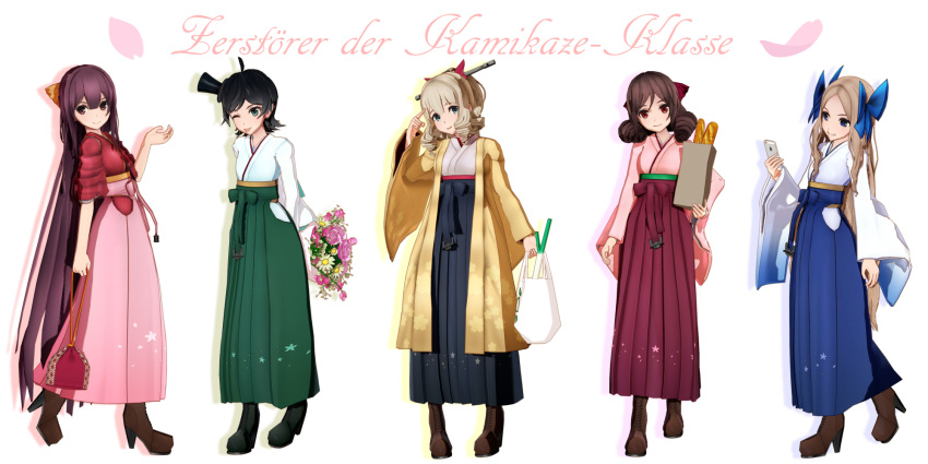 5girls aqua_eyes asakaze_(kantai_collection) bag baguette black_hair blonde_hair blue_eyes boots bouquet bread brown_hair cellphone commentary drill_hair drop_shadow flower food full_body german german_commentary hakama haori harukaze_(kantai_collection) hat hatakaze_(kantai_collection) high_heels highres hip_vent islander_(venom_nf3) japanese_clothes kamikaze_(kantai_collection) kantai_collection lineup long_hair matsukaze_(kantai_collection) mikumikudance mini_hat multiple_girls phone purple_eyes purple_hair red_eyes short_hair simple_background smartphone spring_onion tongue tongue_out translated very_long_hair white_background