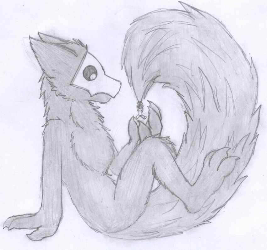 anthro biped black_fur canine changed_(video_game) fluffy fur goo_creature huge_tail human macro male mammal mask micro monster nude puro_(changed) redboi rubber simple_background sitting white_background wolf