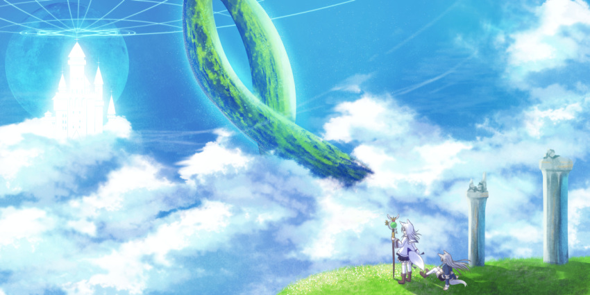 animal_ears arm_support blue_sky castle cloud column day fox_ears fox_girl fox_tail frilled_skirt frills grass jacket long_hair long_sleeves magic miniskirt misaki_yuu moon multiple_girls original outdoors pillar ruins scenery shadow sitting sitting_on_ground skirt sky staff standing tail thighhighs white_hair zettai_ryouiki