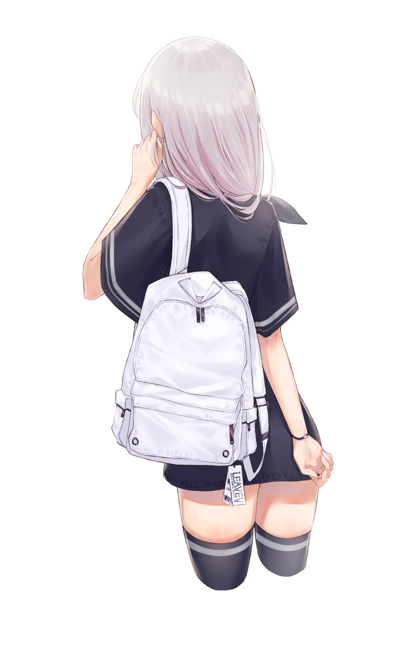 1girl absurdres arm_behind_back ass backpack bag black_legwear black_ribbon black_shirt cropped_legs facing_away from_behind hair_over_shoulder hair_ribbon hair_tousle hand_up highres leaning_forward long_hair long_shirt momingie original ribbon shirt short_sleeves sidelocks silver_hair simple_background solo tag thighhighs white_background wide_sleeves wristband