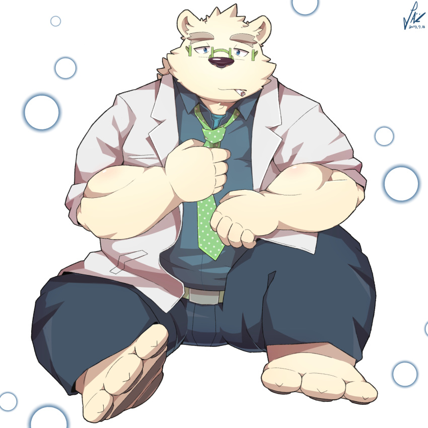 2017 anthro bear clothed clothing eyewear fur glasses humanoid_hands male mammal necktie open_shirt overweight overweight_male pants park_kr polar_bear rave_(housamo) shirt sitting smoking solo tokyo_afterschool_summoners white_fur