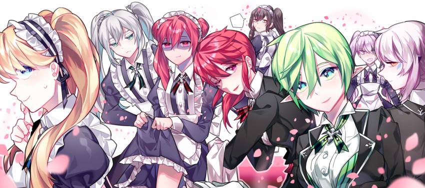 5boys add_(elsword) ainchase_ishmael april_fools apron butler chuki_(lydia) chung_seiker elesis_(elsword) elsword elsword_(character) eve_(elsword) facial_mark highres long_hair maid maid_apron maid_dress maid_headdress multiple_boys multiple_girls raven_(elsword) rena_(elsword) smile sweatdrop