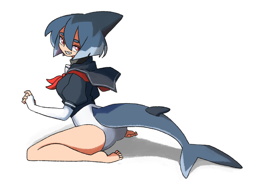 1girl bare_legs barefoot black_sailor_collar black_shirt blue_hair blue_sailor_collar blue_shirt borrowed_character commentary english_commentary fingerless_gloves fins from_side gloves hair_between_eyes highres latenight looking_at_viewer neckerchief one-piece_swimsuit original puffy_short_sleeves puffy_sleeves red_eyes red_neckwear sailor_collar school_uniform serafuku sharp_teeth shirt short_hair short_sleeves sitting smile solo swimsuit tail teeth wariza white_gloves