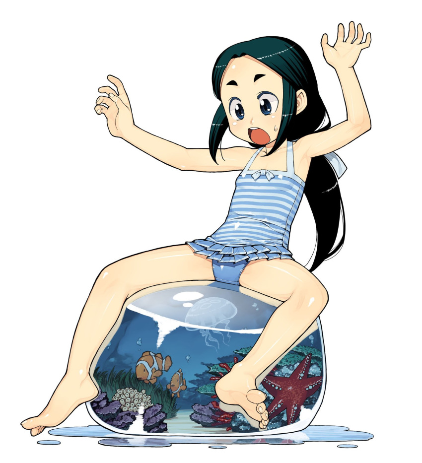 bangs bare_arms bare_legs bare_shoulders barefoot blue_eyes blue_swimsuit character_request clownfish commentary_request falling feet flat_chest frilled_swimsuit frills green_hair hair_ribbon hamada_yoshikazu hands_up highres long_hair one-piece_swimsuit open_mouth parted_bangs ribbon simple_background sitting solo starfish striped striped_swimsuit sweatdrop swimsuit toenails toes tsugumomo white_background white_ribbon