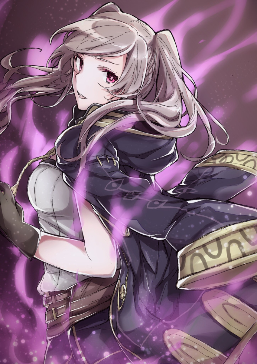 aiueo1234853 aura belt brown_gloves commentary_request dark_aura female_my_unit_(fire_emblem:_kakusei) fire_emblem fire_emblem:_kakusei fire_emblem_heroes from_side gimurei gloves grey_hair highres looking_to_the_side my_unit_(fire_emblem:_kakusei) open_clothes open_robe parted_lips red_eyes robe solo twintails