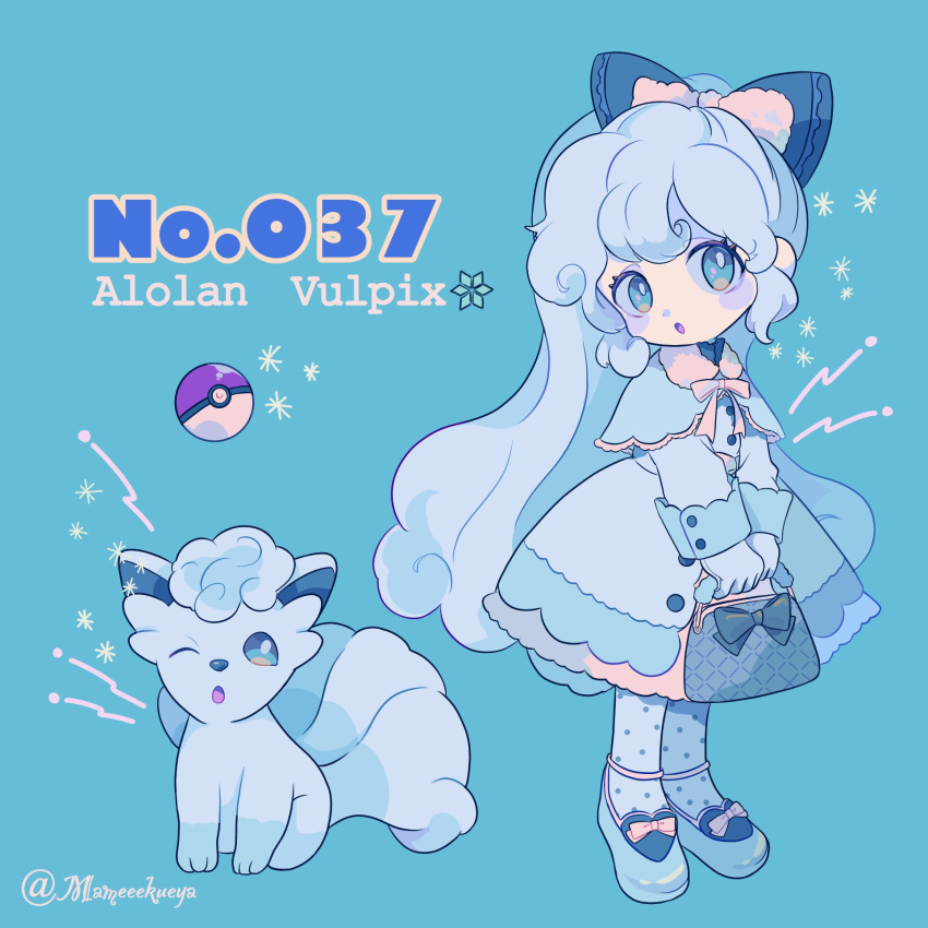 1girl alolan_form alolan_vulpix aqua_background aqua_eyes bag bangs blue_bag blue_bow blue_dress blue_footwear blue_legwear bow character_name creatures_(company) dress english full_body game_freak gloves hair_bow head_tilt highres holding holding_bag light_blue_hair long_hair long_sleeves mameeekueya moemon nintendo one_eye_closed open_mouth personification pink_bow poke_ball pokemon pokemon_(creature) pokemon_number polka_dot polka_dot_legwear shoe_bow shoes simple_background standing twitter_username very_long_hair