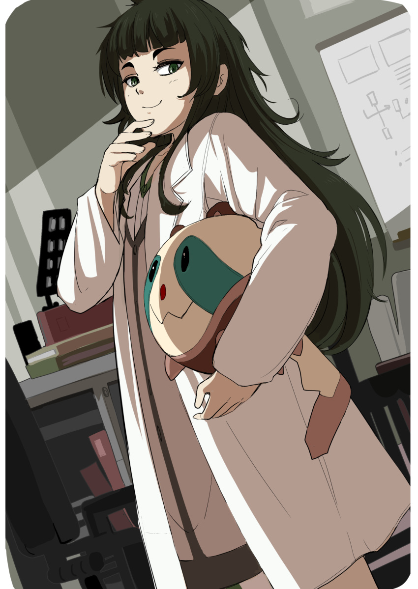 arcsinus bangs black_hair blunt_bangs book carrying_under_arm chair cowboy_shot cushion dutch_angle flat_chest green_eyes highres hiyajou_maho labcoat long_hair long_sleeves looking_at_viewer poster_(object) shirt smile solo standing steins;gate steins;gate_0 upa_(steins;gate)