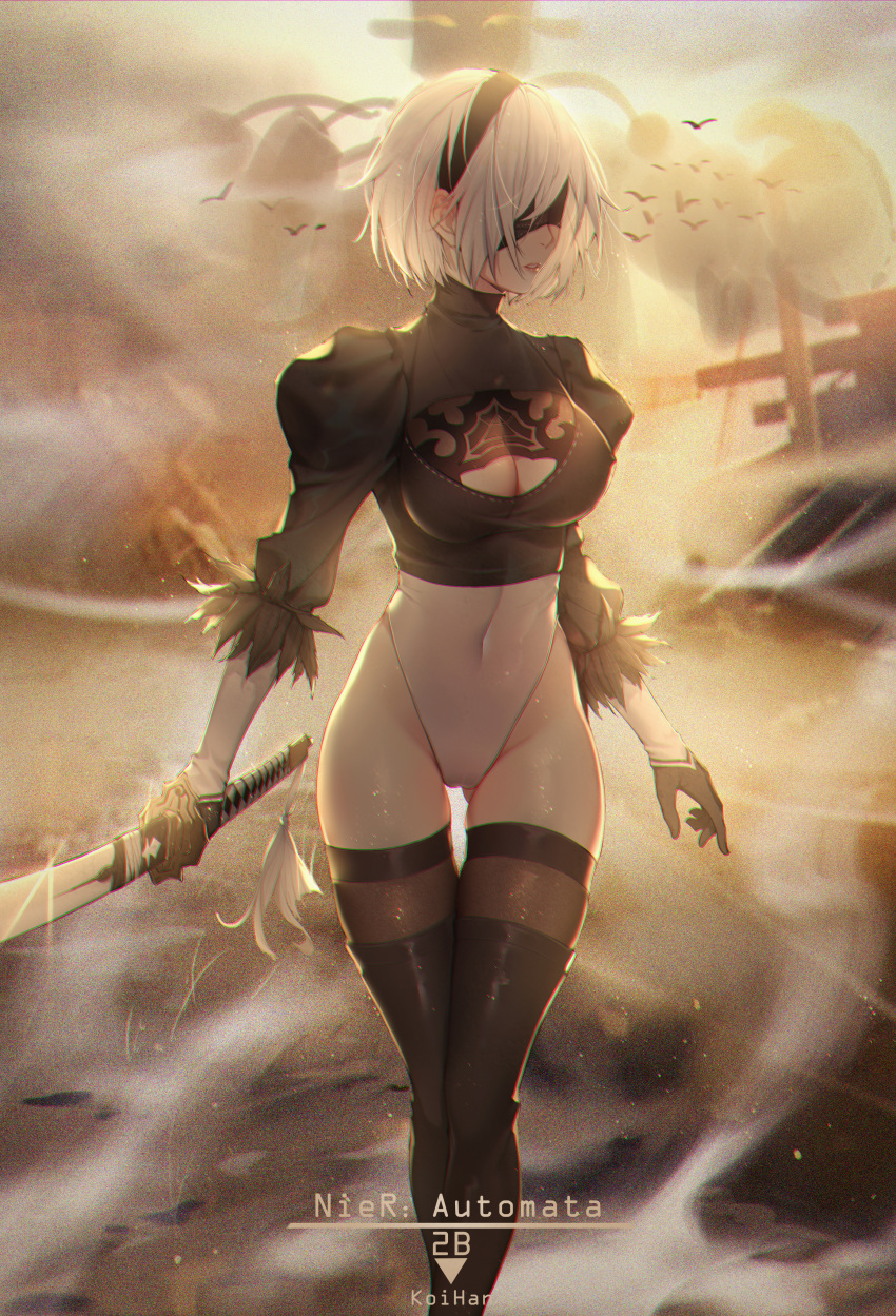 absurdres artist_name ass_visible_through_thighs bird black_legwear blindfold boots breasts character_name cleavage cleavage_cutout commentary covered_navel covered_nipples feather_trim gloves hairband highres holding holding_sword holding_weapon huge_filesize koi_han leotard lips long_sleeves medium_breasts nier_(series) nier_automata outdoors parted_lips puffy_sleeves ruins short_hair sunset sword thigh_boots thighhighs thighs turtleneck weapon white_hair yorha_no._2_type_b