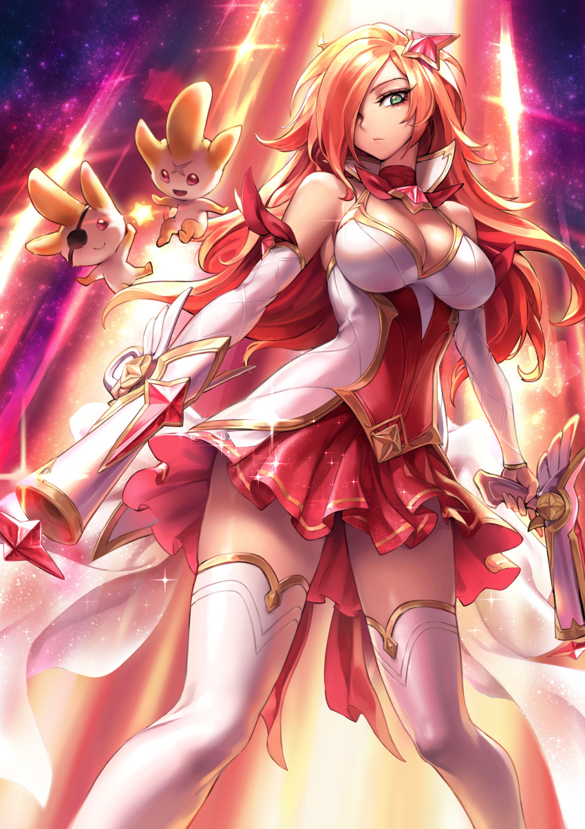 absurdres bare_shoulders breasts choker cleavage detached_sleeves green_eyes gun hair_ornament hair_over_one_eye handgun highres holding holding_gun holding_weapon large_breasts league_of_legends long_hair looking_at_viewer magical_girl oopartz_yang paid_reward patreon_reward patreon_username pistol red_choker red_hair red_skirt sarah_fortune skirt solo standing star star_guardian_miss_fortune star_hair_ornament thighhighs weapon white_legwear zettai_ryouiki