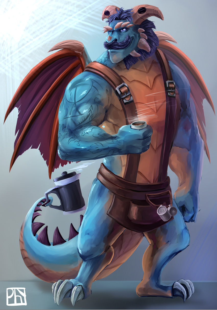 anthro beverage big_muscles blue_eyes claws clothing coffee coffee_pot dragon facial_hair facial_piercing frill gavin_(spyro) hair horn male muscular muscular_male mustache nose_piercing nose_ring physen piercing scalie smile solo spyro_reignited_trilogy spyro_the_dragon tattoo video_games western_dragon wings