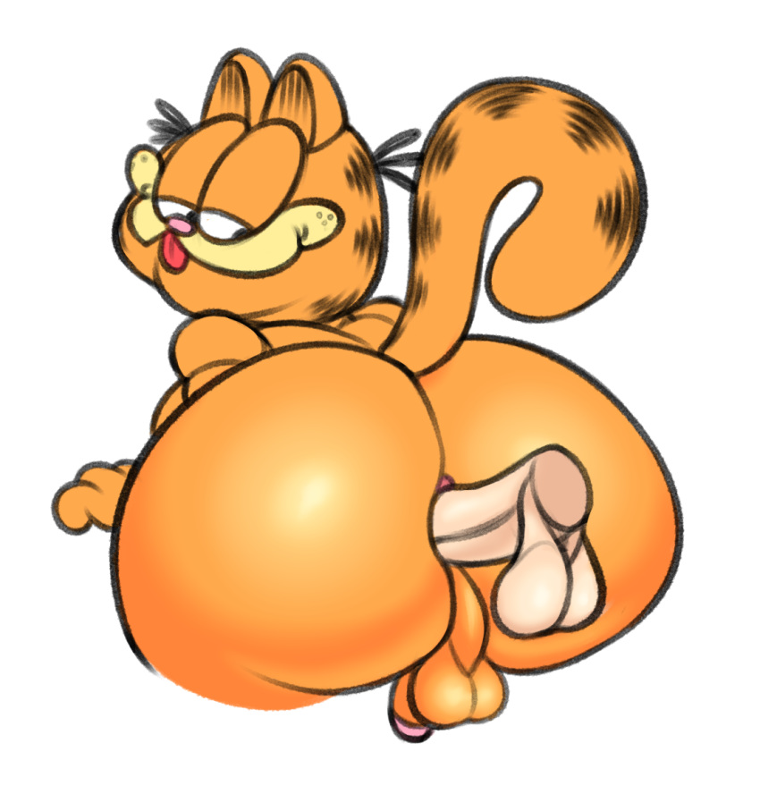 anal backsack balls big_butt black_eyes butt cat eccentricspider feline fur garfield garfield_(series) half-closed_eyes looking_back looking_down male male/male mammal orange_fur penetration penis simple_background tongue tongue_out white_background