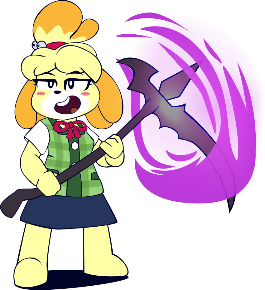 absurd_res alpha_channel animal_crossing anthro black_eyes blonde_hair blush blush_stickers canine clothing cloudi-nexik dog eyelashes female fur hair hi_res isabelle_(animal_crossing) looking_at_viewer mammal melee_weapon nintendo open_mouth polearm scythe shirt skirt standing super_smash_bros super_smash_bros._ultimate tied_hair video_games weapon yellow_fur