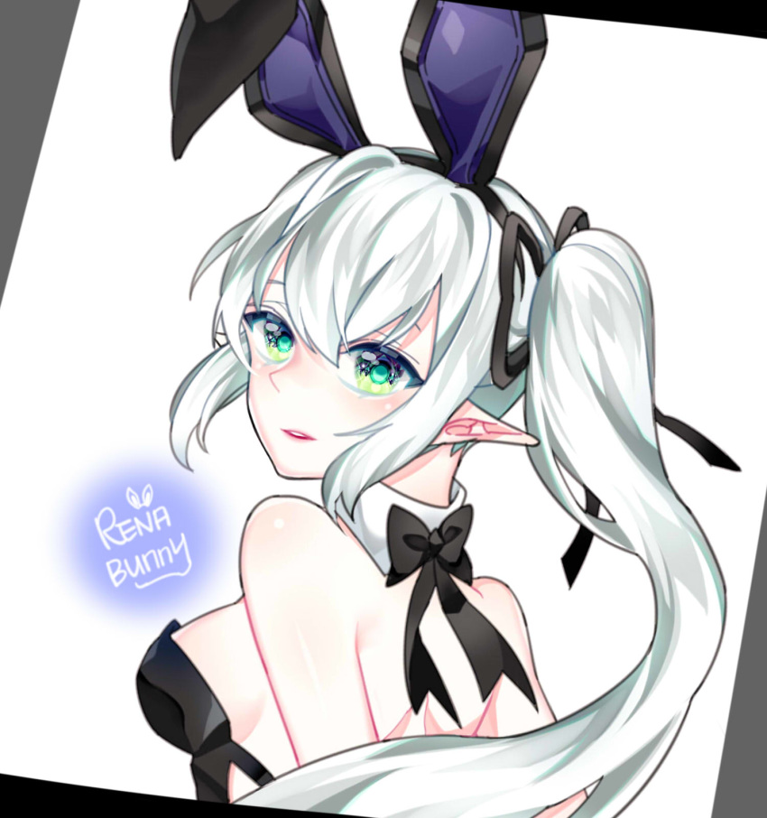 animal_ears backboob bare_back bare_shoulders breasts bunny_ears bunnysuit chuki_(lydia) elf elsword green_eyes highres long_hair looking_back pointy_ears rena_(elsword) ribbon side_ponytail smile white_hair