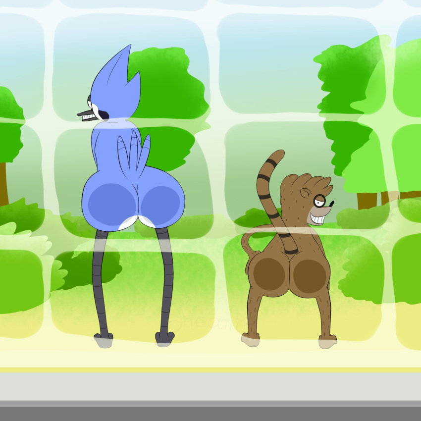 avian big_butt bird blue_jay bubble_butt butt cartoon_network corvid half-closed_eyes male mammal mooning mordecai_(regular_show) on_glass procyonid raccoon regular_show rigby_(regular_show) smile teeth