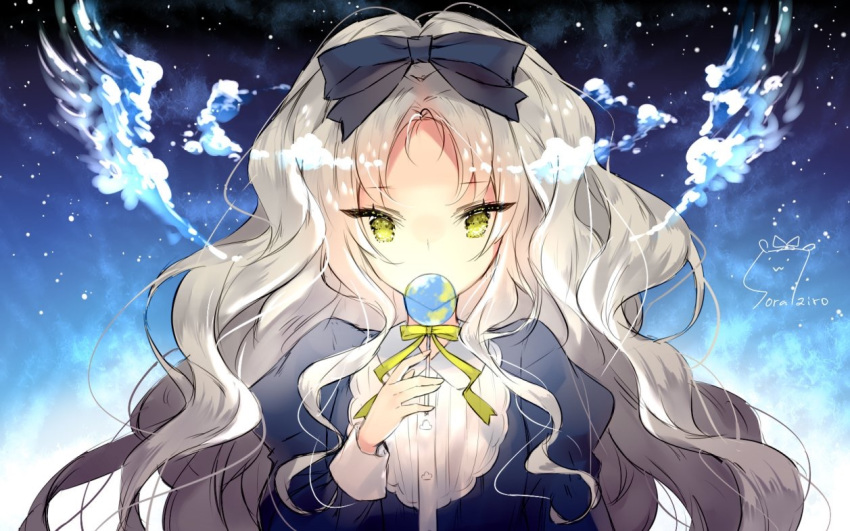 bow candy clouds earth goth-loli gray_hair green_eyes lolita_fashion lollipop long_hair original planet ribbons signed space stars touwa_nikuman