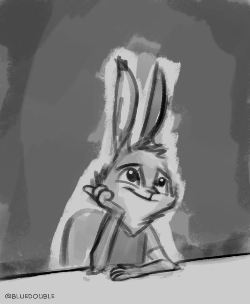 2018 anthro arm_support bluedouble clothed clothing fan_character greyscale head_tuft lagomorph leaning_on_elbow male mammal monochrome rabbit signature simple_background solo