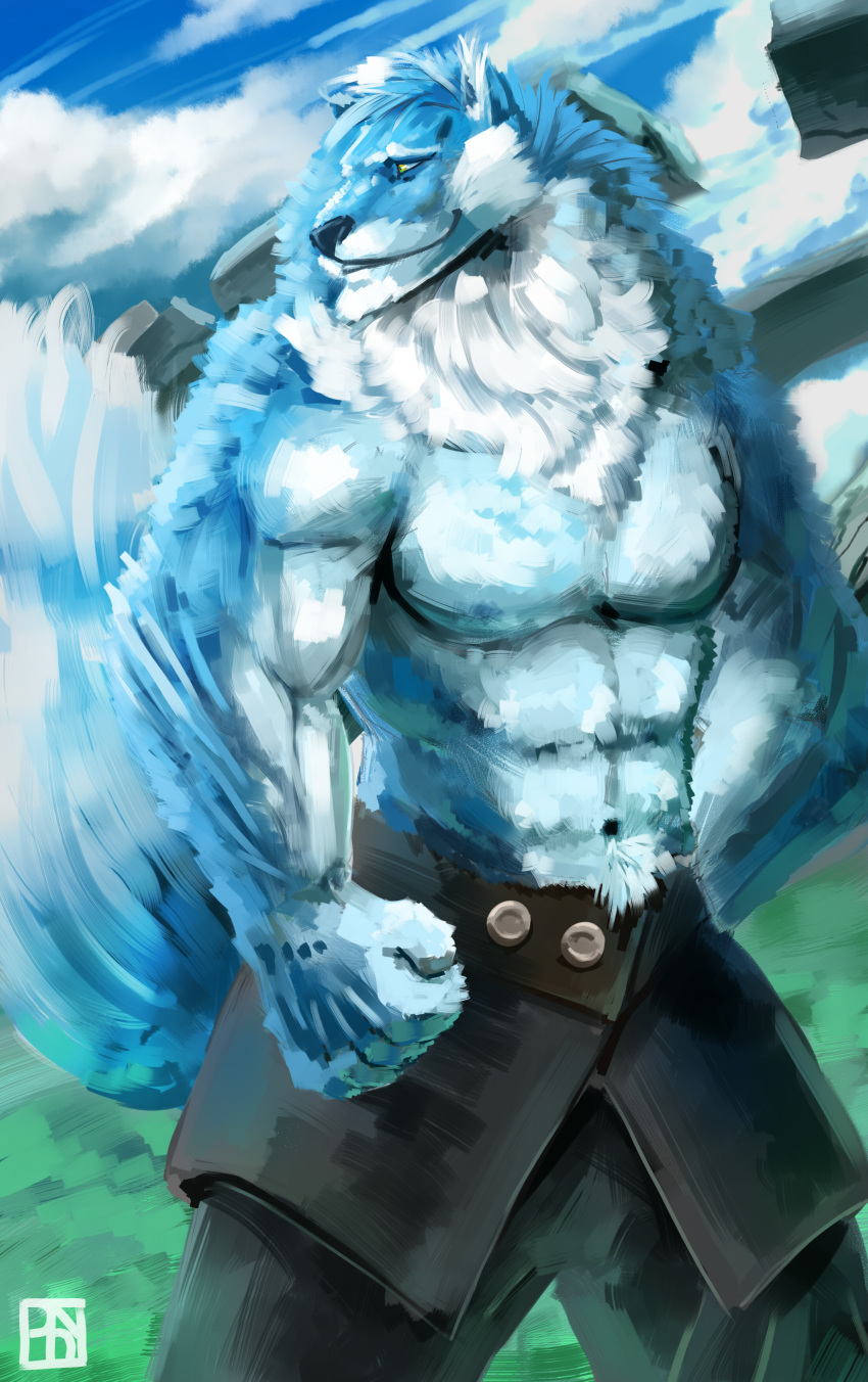 anthro canine clothed clothing male mammal muscular physen solo topless wolf