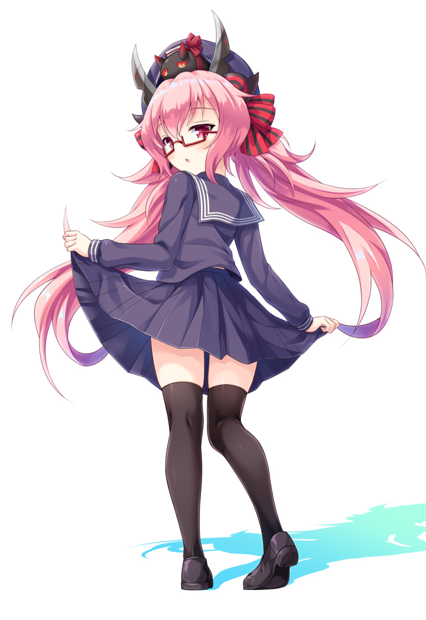 azur_lane bangs beret bespectacled black_footwear black_hat black_legwear black_serafuku black_shirt black_skirt blush bow chestnut_mouth commentary_request creature eyebrows_visible_through_hair full_body glasses hair_between_eyes hair_bow hair_ribbon hamakaze_(azur_lane) hat headgear highres horns kasaran loafers long_hair looking_at_viewer looking_back low_twintails on_head parted_lips pink_hair pleated_skirt red-framed_eyewear red_bow red_eyes ribbon school_uniform semi-rimless_eyewear serafuku shadow shirt shoe_soles shoes skirt skirt_hold solo striped striped_bow thighhighs twintails under-rim_eyewear very_long_hair white_background