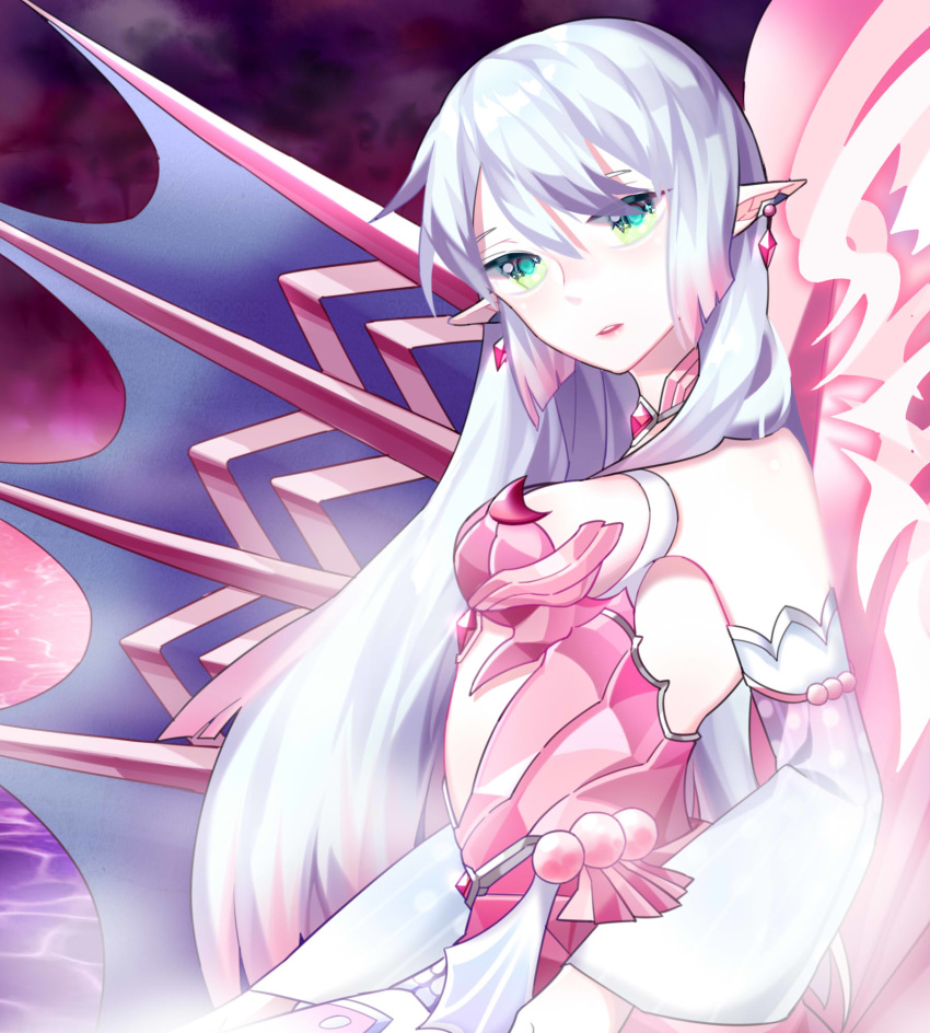 armpits bare_shoulders chuki_(lydia) detached_sleeves earrings elf elsword green_eyes highres jewelry long_hair mermaid_costume open_mouth pointy_ears rena_(elsword) sirena_(elsword) water white_hair wings