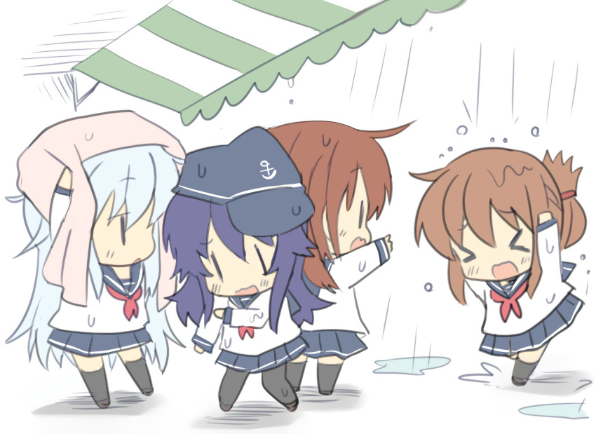 &gt;_&lt; akatsuki_(kantai_collection) anchor_symbol black_legwear blue_sailor_collar blue_skirt brown_hair chibi closed_eyes commentary flat_cap folded_ponytail hat hibiki_(kantai_collection) hizuki_yayoi ikazuchi_(kantai_collection) inazuma_(kantai_collection) kantai_collection kneehighs multiple_girls neckerchief pantyhose pink_towel pleated_skirt purple_hair rain red_neckwear sailor_collar short_hair silver_hair skirt thighhighs towel towel_on_head wet wet_clothes |_|