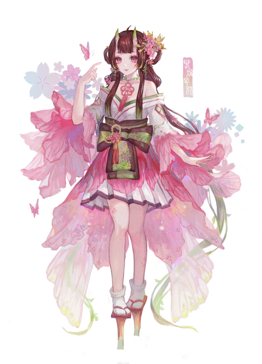 bangs bare_shoulders black_hair blunt_bangs blush bug butterfly commentary flower flower_tattoo full_body hair_flower hair_ornament hair_rings hakama_skirt highres insect japanese_clothes jewelry kimono long_sleeves low_tied_hair low_twintails maccha_(mochancc) momo_(onmyoji) nature necklace obi off_shoulder oni_horns onmyoji parted_bangs peach_blossom petals platform_footwear pleated_skirt red_eyes sash short_eyebrows sidelocks simple_background skirt smile socks solo standing tabi tassel twintails waist_bow white_background white_kimono white_skirt wide_sleeves zouri
