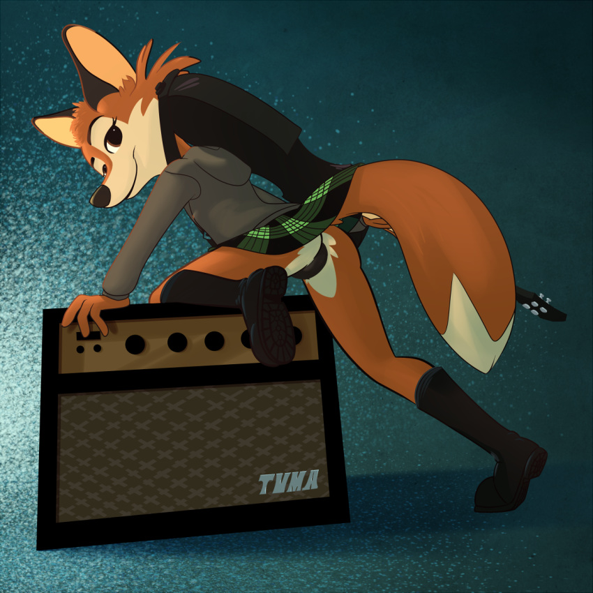 2017 abstract_background amplifier anthro biped black_bottomwear black_clothing boots butt canine climbing clothed clothing countershading darma digital_media_(artwork) dipstick_tail eyelashes female footwear fox fully_clothed fur green_bottomwear grey_topwear guitar hi_res hoodie looking_at_viewer looking_back mammal miniskirt multicolored_fur multicolored_tail musical_instrument orange_body orange_fur panties rock_dog skirt smile solo tan_body tan_fur tvma two_tone_body two_tone_fur underwear upskirt