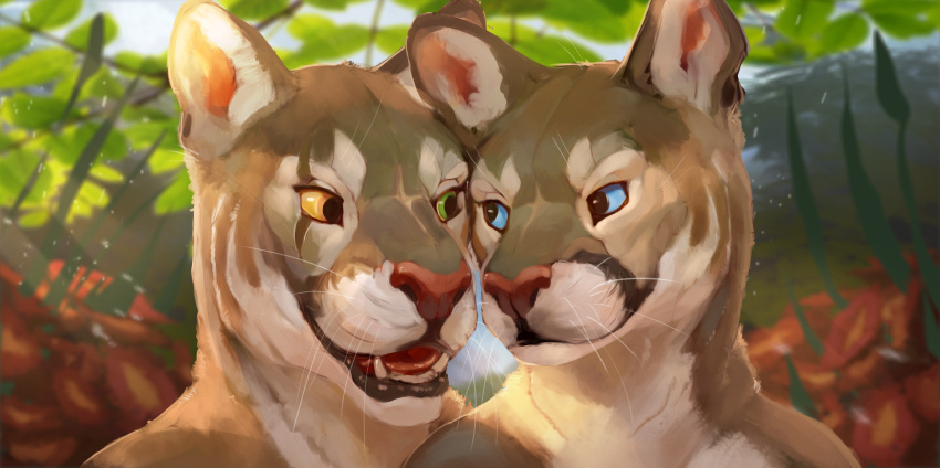 anthro blindcoyote blue_eyes cougar digital_media_(artwork) duo feline female green_eyes heterochromia hi_res male mammal nude open_mouth outside skan_drake skanita_drake smile yellow_sclera