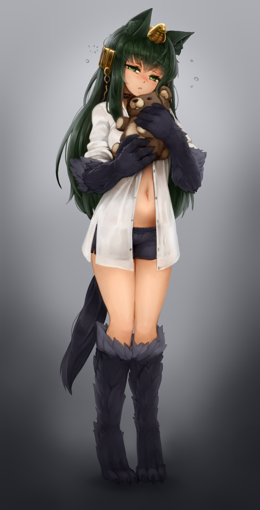 absurdres animal_ears anubis_(monster_girl_encyclopedia) barbariank blush boyshorts choker claws commentary commission eyebrows_visible_through_hair full_body fur gradient gradient_background green_eyes green_hair hair_between_eyes half-closed_eyes head_tilt highres jackal_ears jackal_tail jewelry long_hair looking_at_viewer monster_girl monster_girl_encyclopedia navel object_hug open_clothes open_mouth open_shirt paws shirt simple_background sleepy solo stuffed_animal stuffed_toy tail teddy_bear unbuttoned unbuttoned_shirt white_shirt