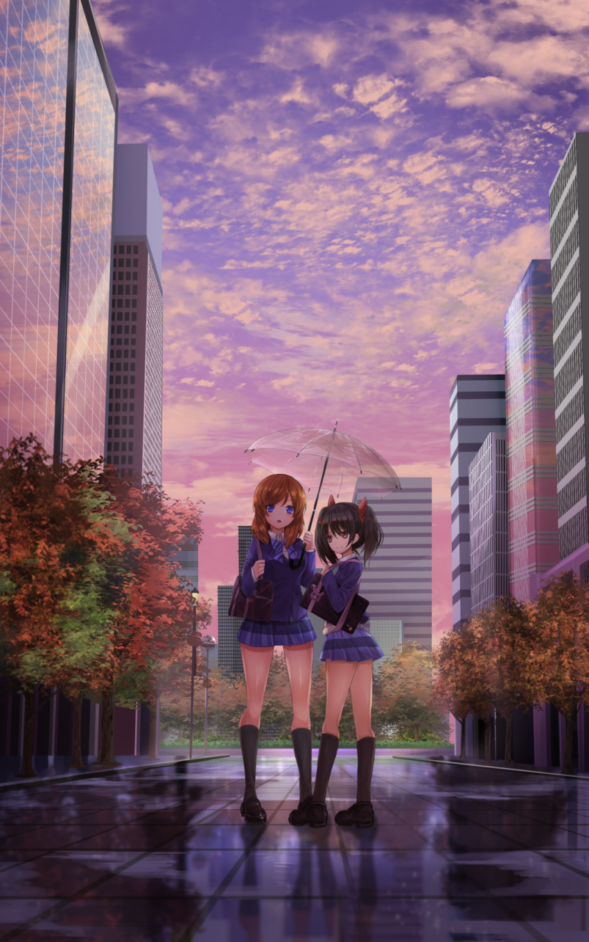 autumn bag black_hair blue_eyes bow bowtie brown_eyes brown_hair building city cloud commentary dappled_sunlight dark hair_bow highres kneehighs loafers long_hair looking_at_viewer love_live! love_live!_school_idol_project multiple_girls nishikino_maki open_mouth orein reflection road school_bag school_uniform shadow shoes sky smile street sunlight sunset sweater transparent transparent_umbrella tree twintails umbrella yazawa_nico