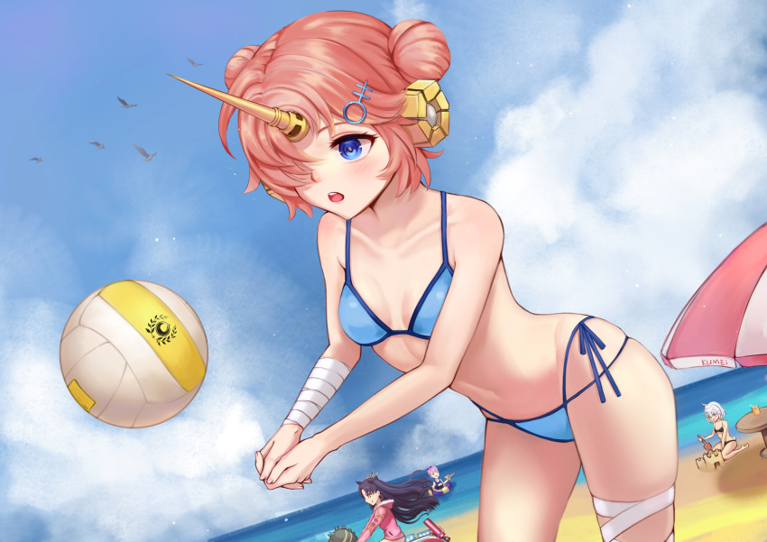 absurdres ball bandages barefoot beach beach_volleyball beachball bikini bird black_bikini blue_bikini blue_eyes blue_sky breasts brown_hair cleavage cloud collarbone day double_bun fate/grand_order fate_(series) floating_hair frankenstein's_monster_(fate) frankenstein's_monster_(swimsuit_saber)_(fate) fur_trim groin hair_ornament hair_over_one_eye helena_blavatsky_(swimsuit_archer)_(fate) highres hood hood_down hooded_jacket horn innertube ishtar_(swimsuit_rider)_(fate) jacket jeanne_d'arc_(fate)_(all) jeanne_d'arc_alter_santa_lily kneeling kumei leaning_forward long_hair multi-strapped_bikini multiple_girls navel ocean open_mouth outdoors pink_hair pink_jacket riding short_hair side-tie_bikini sky small_breasts standing swimsuit very_long_hair