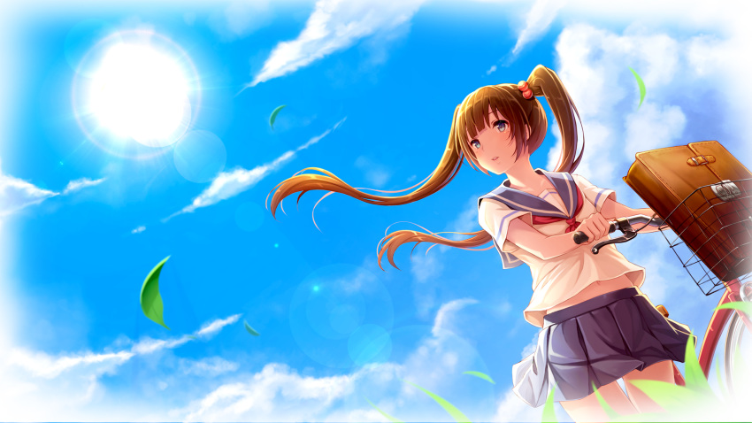 bicycle blue_eyes blue_skirt blue_sky brown_hair commentary_request day floating_hair from_below gogatsu_no_renkyuu ground_vehicle hair_bobbles hair_ornament highres lens_flare long_hair midriff miniskirt navel neckerchief original outdoors parted_lips pleated_skirt red_neckwear sailor_collar school_uniform serafuku shirt short_sleeves skirt sky solo stomach sun twintails very_long_hair vocaloid walking_bike white_shirt