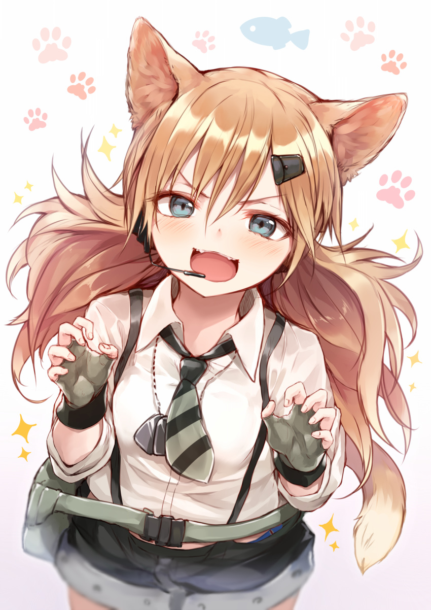 :d animal_ears bangs black_shorts blue_eyes blush breasts cat_ears cat_girl cat_tail collared_shirt commentary_request dog_tags eyebrows_visible_through_hair fangs fingerless_gloves fingernails girls_frontline gloves gradient gradient_background green_gloves hair_between_eyes hair_ornament hairclip headset highres idw_(girls_frontline) light_brown_hair long_hair looking_at_viewer open_mouth purple_background shirt short_shorts shorts small_breasts smile solo sparkle sukemyon suspender_shorts suspenders tail very_long_hair white_background white_shirt