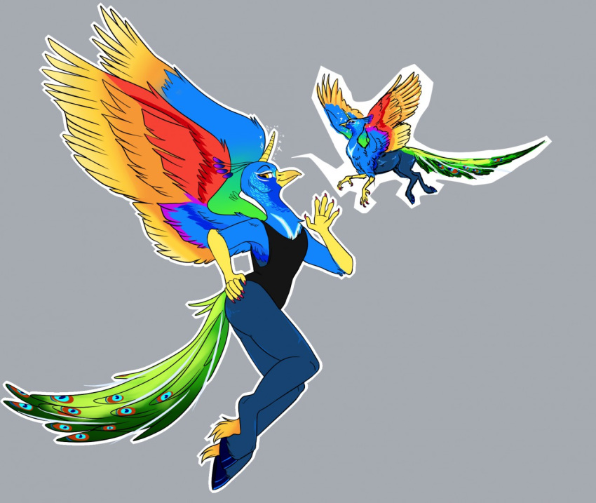 avian bird bottomless clothed clothing damn-days equine flying hippogryph hooves horn hybrid looking_at_viewer male mammal peafowl rainbow solo unicorn waving wings