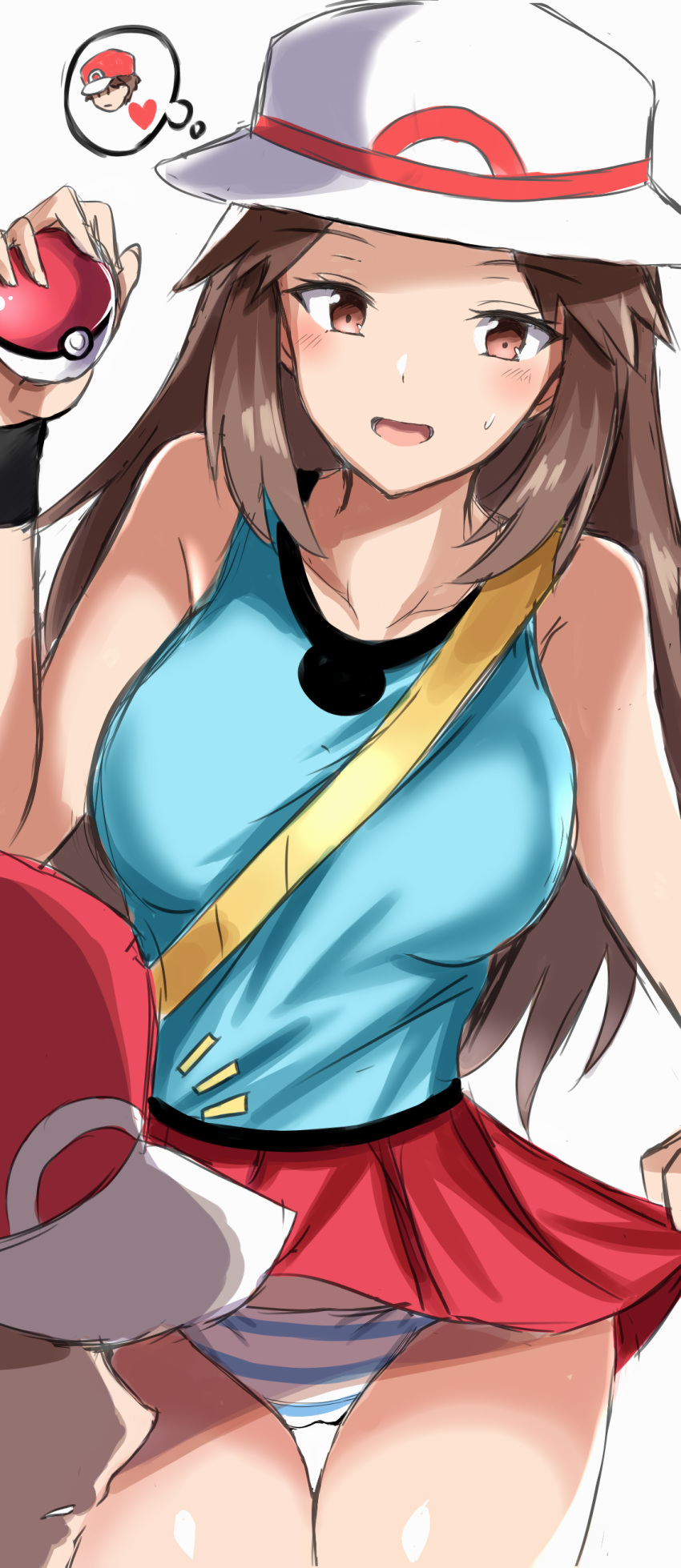 1girl absurdres bad_id bad_pixiv_id bag baseball_cap blue_(pokemon) blue_shirt breasts brown_eyes brown_hair cameltoe eyebrows_visible_through_hair eyes_visible_through_hair farys_(afopahqfw) half-closed_eyes hat heart highres holding holding_poke_ball large_breasts long_hair miniskirt naughty_face open_mouth out_of_frame panties pantyshot pantyshot_(standing) poke_ball pokemon pokemon_(game) pokemon_frlg red_(pokemon) red_skirt round_teeth shirt skirt skirt_lift smile solo_focus spoken_character standing striped striped_panties sun_hat sweatdrop teeth thigh_gap thought_bubble tongue underwear