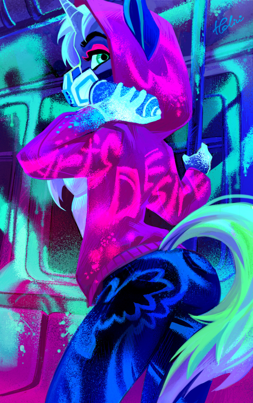 anthro clothing equine eyeshadow fan_character female gas_mask graffiti green_eyes holivi hoodie horn looking_at_viewer looking_back makeup mammal mask my_little_pony neon paint pink_eyeshadow respirator spray_can spray_paint unicorn