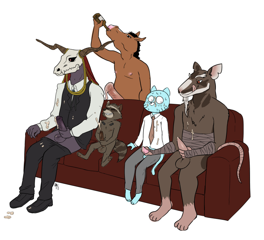 3_toes 4_toes age_difference animal_genitalia animal_penis anthro arm_wraps balls bandage black_bottomwear black_clothing black_hair black_nose black_topwear blue_balls blue_skin body_wraps bojack_horseman bojack_horseman_(character) bottle brown_skin canine cartoon_network chest_tuft clothed clothing crossover cum cum_drip cum_on_chest cum_on_clothing cum_on_face cum_on_penis cumshot demon dress_shirt drinking dripping ejaculation elias_ainsworth equine equine_penis erection eyes_closed facial_hair feet footwear fur goatee grey_balls grey_bottomwear grey_clothing grey_fur grin group group_masturbation guardians_of_the_galaxy gumball_watterson hair handjob hindpaw holding_object horn horse humanoid_penis larger_male licking licking_lips looking_down male male/male mammal mane marvel masturbation mostly_nude necktie nervous nipples nude older_male orgasm orgasm_face pants pants_down partially_clothed partially_retracted_foreskin pawpads paws penile_masturbation penis penis_grab pink_nipples pink_penis procyonid purple_penis purple_skin raccoon rocket_raccoon sex sharp_teeth shirt shoes simple_background sitting size_difference skull skull_head sleepytoy smaller_male smile snout sofa soles splinter standing striped_tail stripes sweat tapering_penis teenage_mutant_ninja_turtles teeth the_amazing_world_of_gumball the_ancient_magus_bride toes tongue tongue_out tuft uncut vein veiny_penis white_background white_clothing white_topwear wraps younger_male