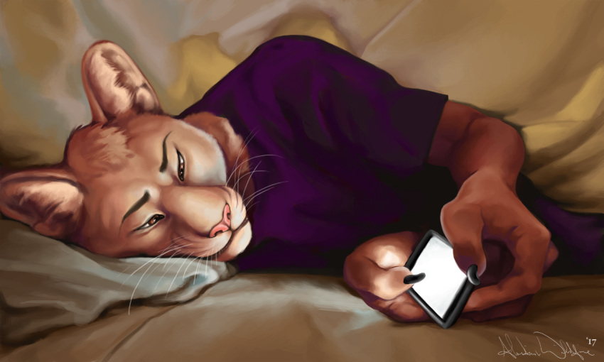 2017 anthro bedding biped black_claws brown_eyes brown_fur cellphone claws clothing cougar digital_media_(artwork) digital_painting_(artwork) feline fur holding_object holding_phone humanoid_hands inner_ear_fluff lighting lying male mammal on_side phone pillow pink_nose purple_clothing purple_topwear shadow shirt signature snout solo t-shirt ulos12 whiskers